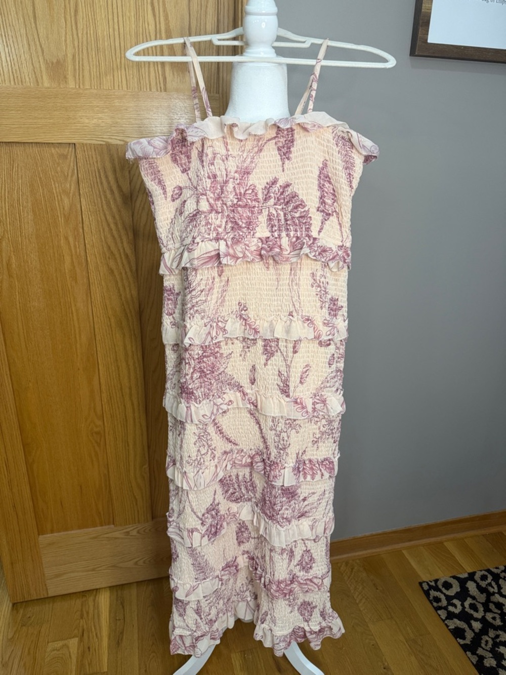 Sleeveless Pink Floral Maxi Dress with Ruffle Tiers